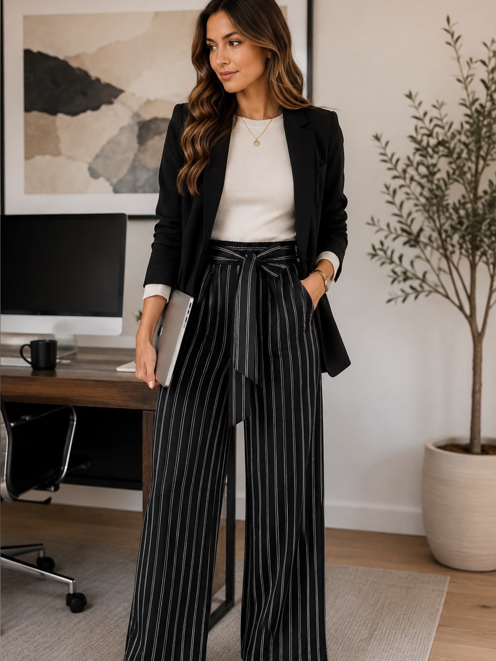 Max Studio Black Pinstripe Wide Leg Pull-On Pants | Size Large | Elastic Waist